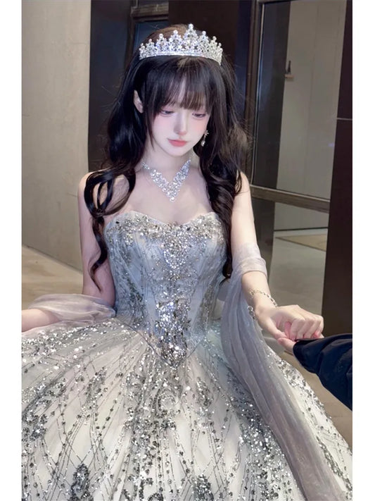 Sweet Girl High-Waist Sleeveless Long Ball Evening Dress High Sense Birthday Bright Host Party Tube Top Princess Maxi Dresses