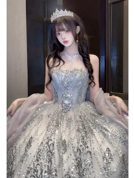 Sweet Girl High-Waist Sleeveless Long Ball Evening Dress High Sense Birthday Bright Host Party Tube Top Princess Maxi Dresses